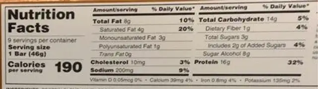 Chocolate Chip Cookie Dough nutrition facts table