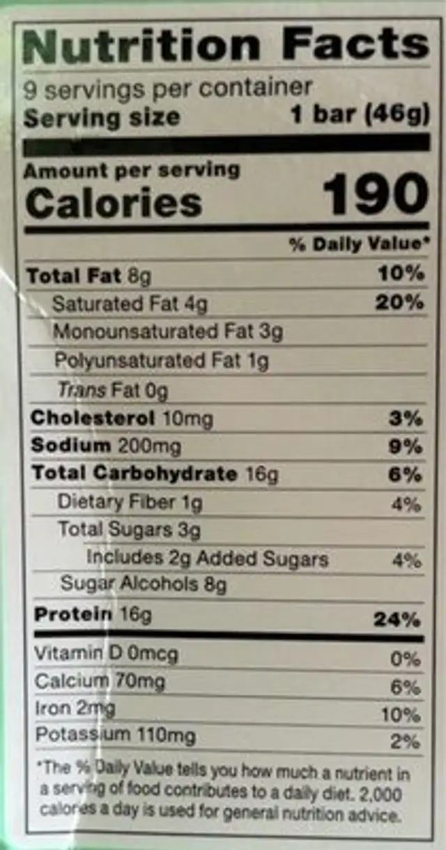 Fit Crunch Mint Chocolate Chip Bar nutrition facts table