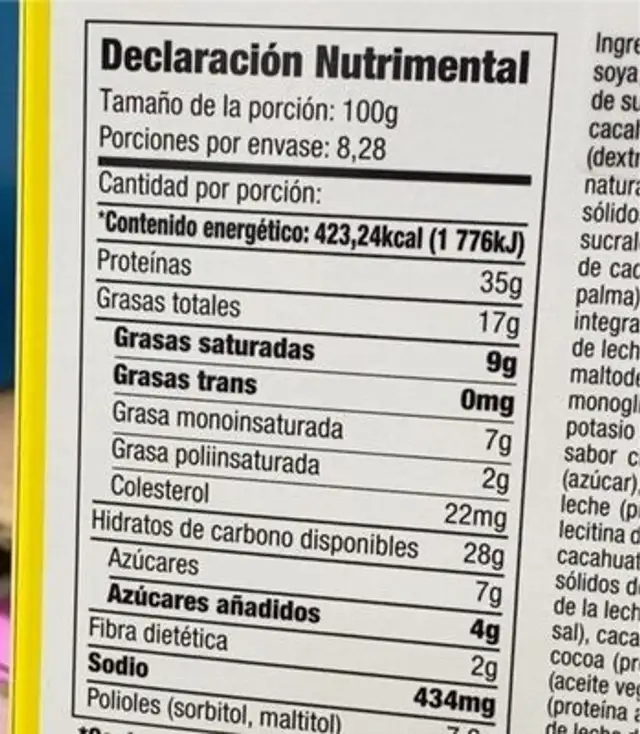 Chef Rober Irvine’s Protein Bar nutrition facts table