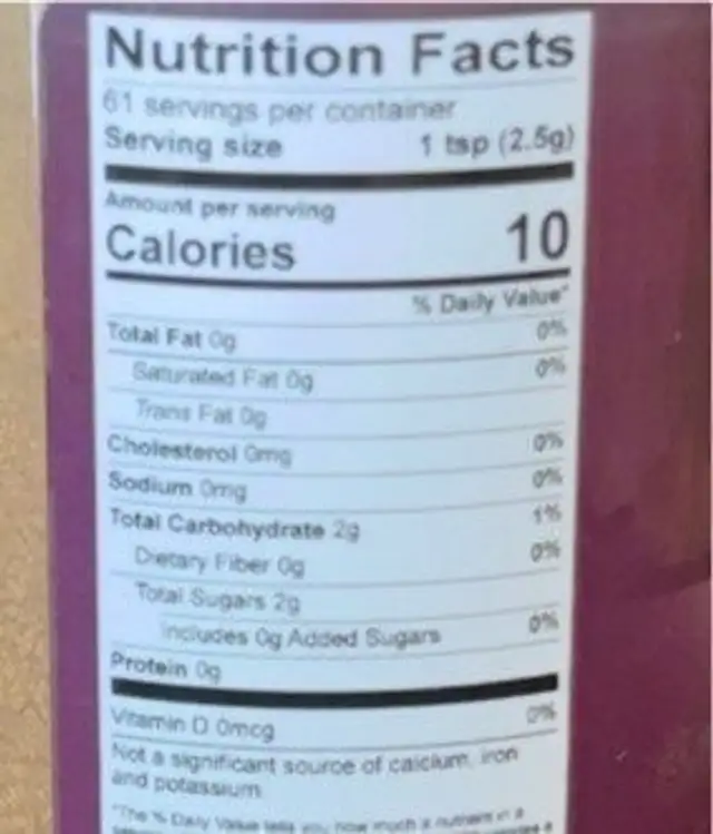 Cinnamon with Brown Sugar shakeable powder nutrition facts table