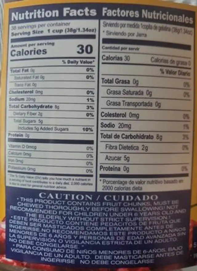 Fruzel nutrition facts table