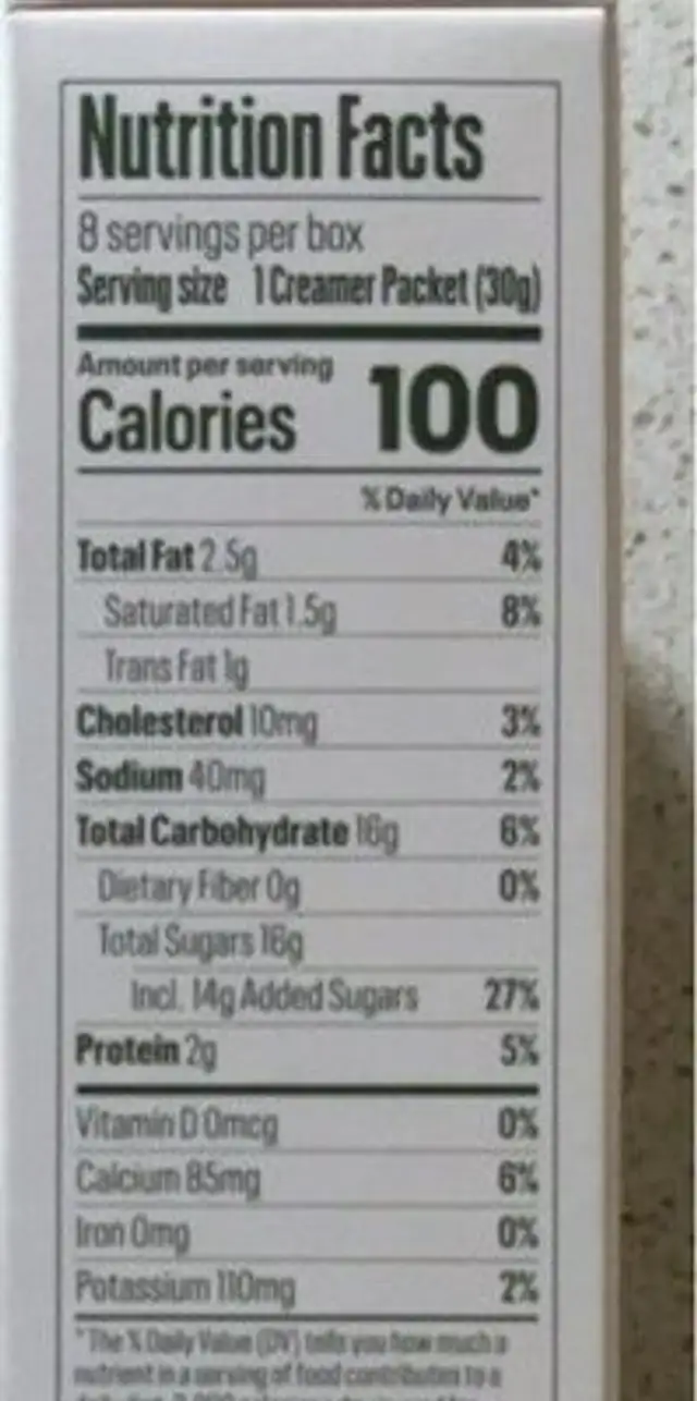 Creamer reinvented nutrition facts table