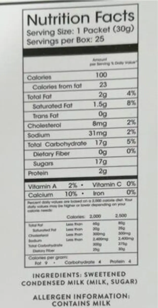 Sweetened condensed milk for vietnamese coffee nutrition facts table
