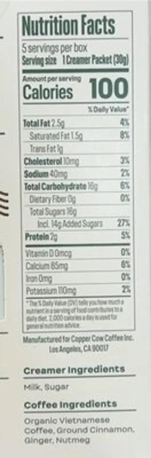 Pumpkin Spice Pour Over Latte nutrition facts table