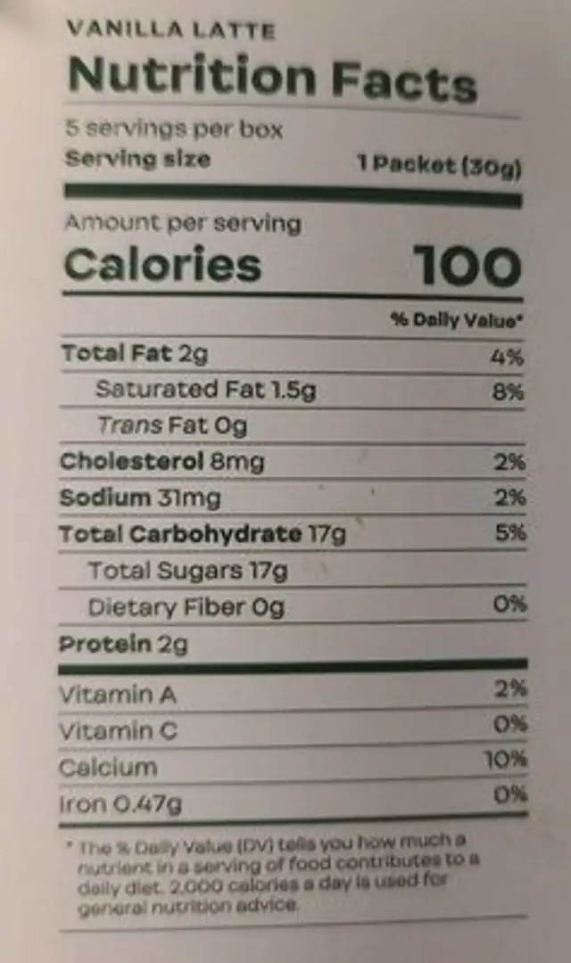 Vanilla Vietnamese Coffee nutrition facts table