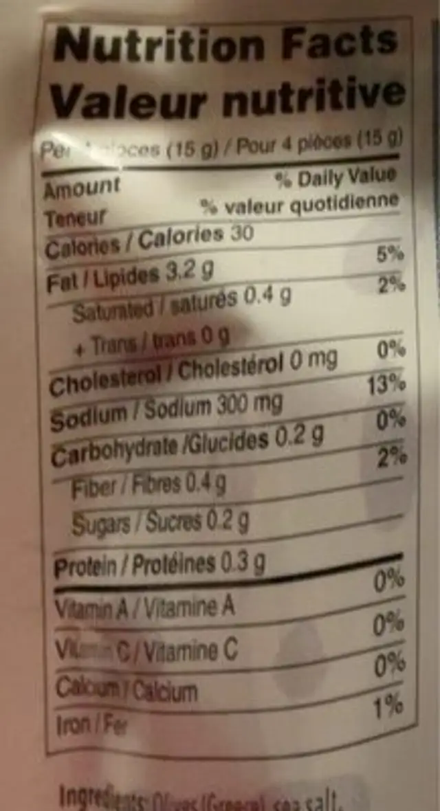 Olives grecques Kalamata nutrition facts table