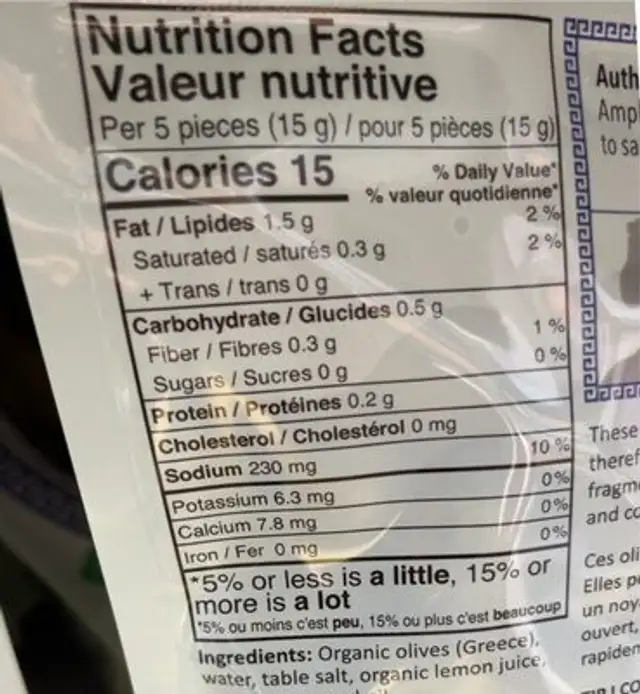 Olives biologiques Amphisis nutrition facts table