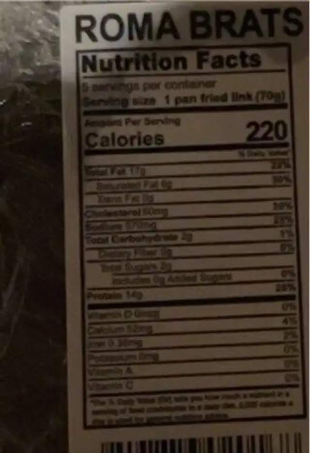 Roma brats with chedder nutrition facts table