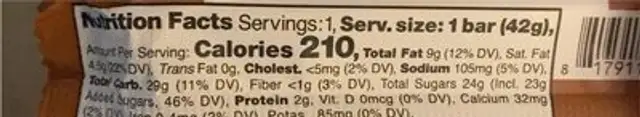 Caramel & Peanut Bar nutrition facts table