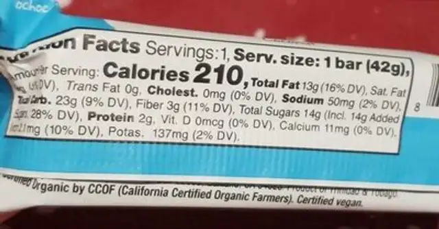 Coconut bar nutrition facts table