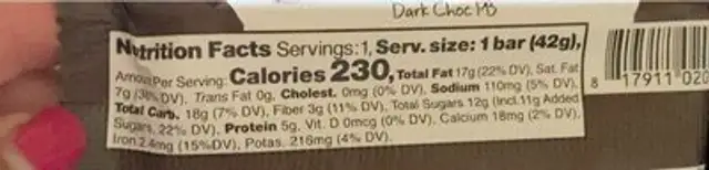 Dark Peanut Butter Bar nutrition facts table