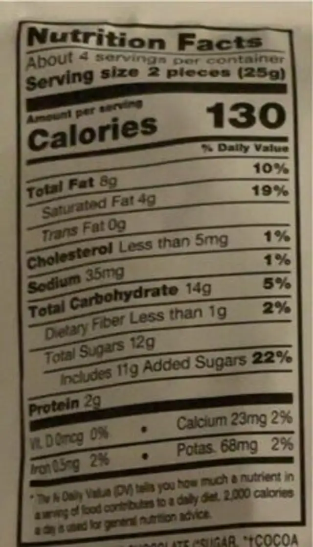 PB&J Minis nutrition facts table