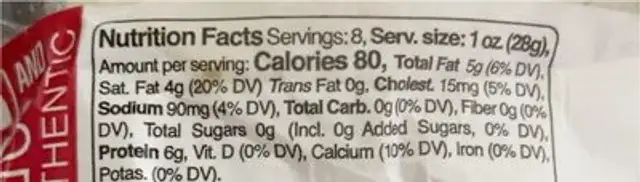 Fresh mozzarella ball nutrition facts table