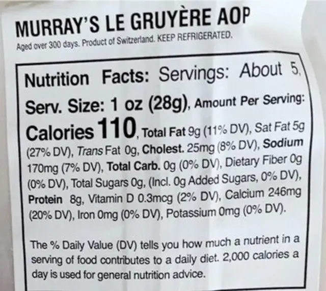 Le gruyère nutrition facts table