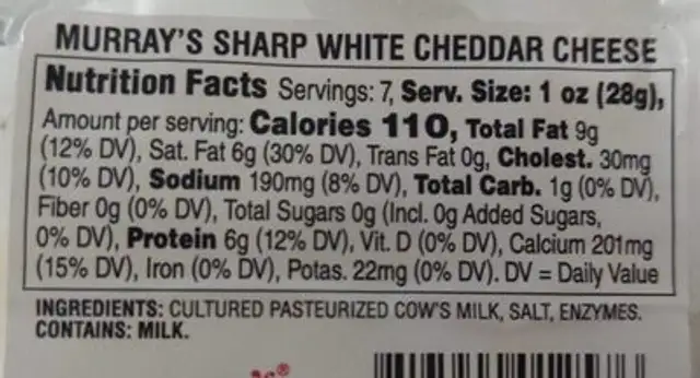Sharp white cheddar cheese nutrition facts table