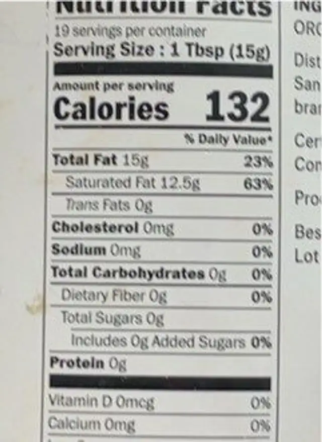 Virgin Coconut Oil nutrition facts table