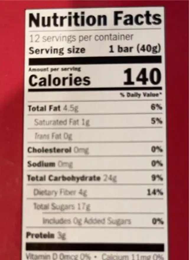 Superfood Bars nutrition facts table