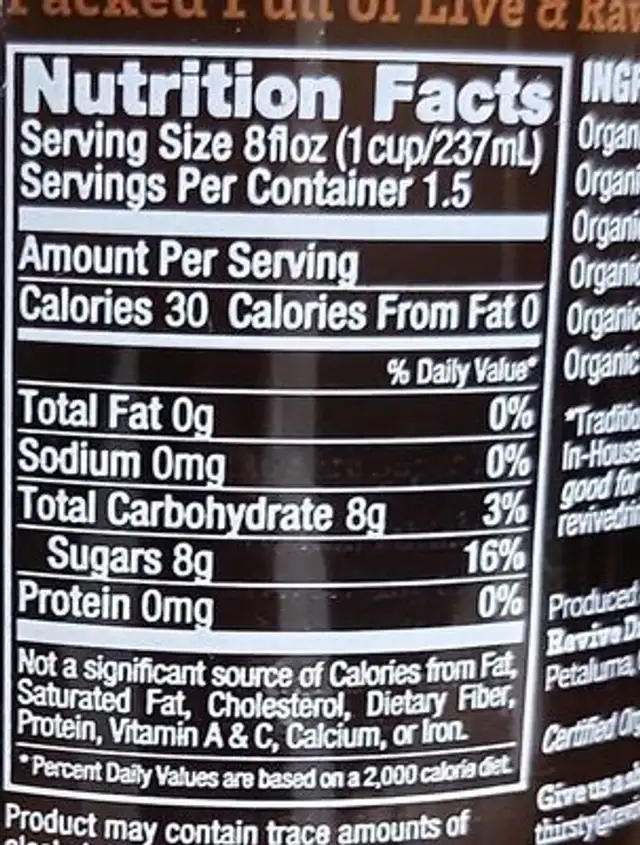 Kombucha nutrition facts table