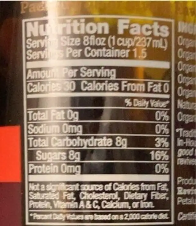 Revive Cola Kombucha nutrition facts table