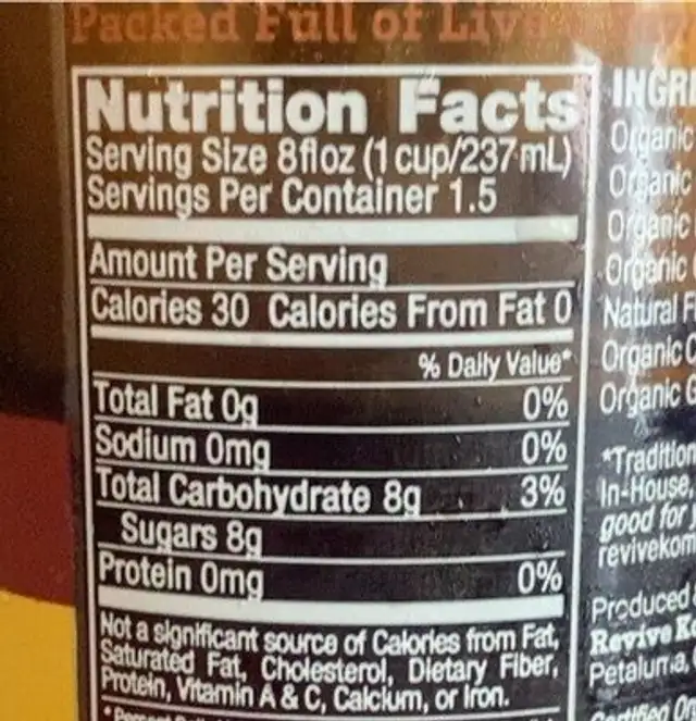 Revive Kombucha nutrition facts table