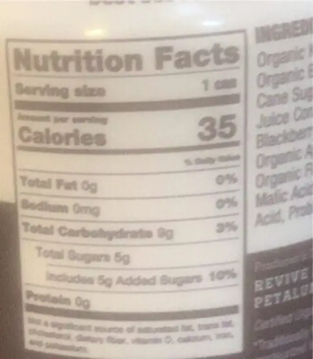 Revive nutrition facts table