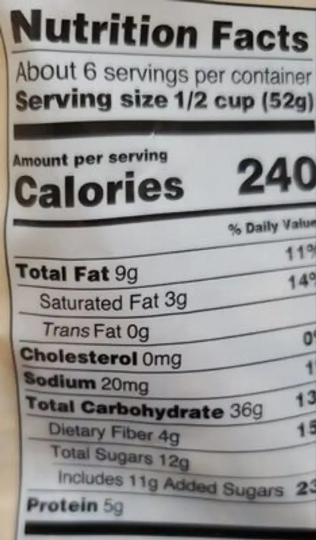 Honey Nut Granola nutrition facts table