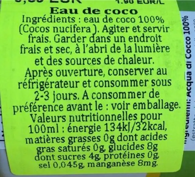 Coconut water nutrition facts table