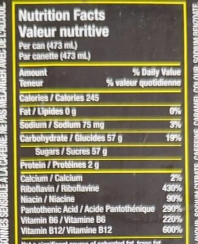 Energy drink nutrition facts table