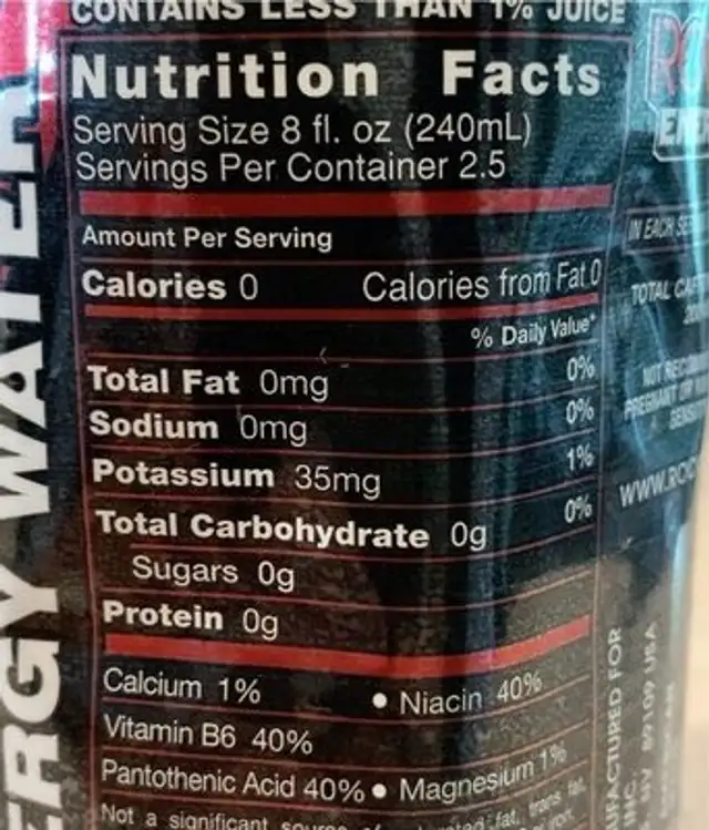 Rockstar Energy Water nutrition facts table