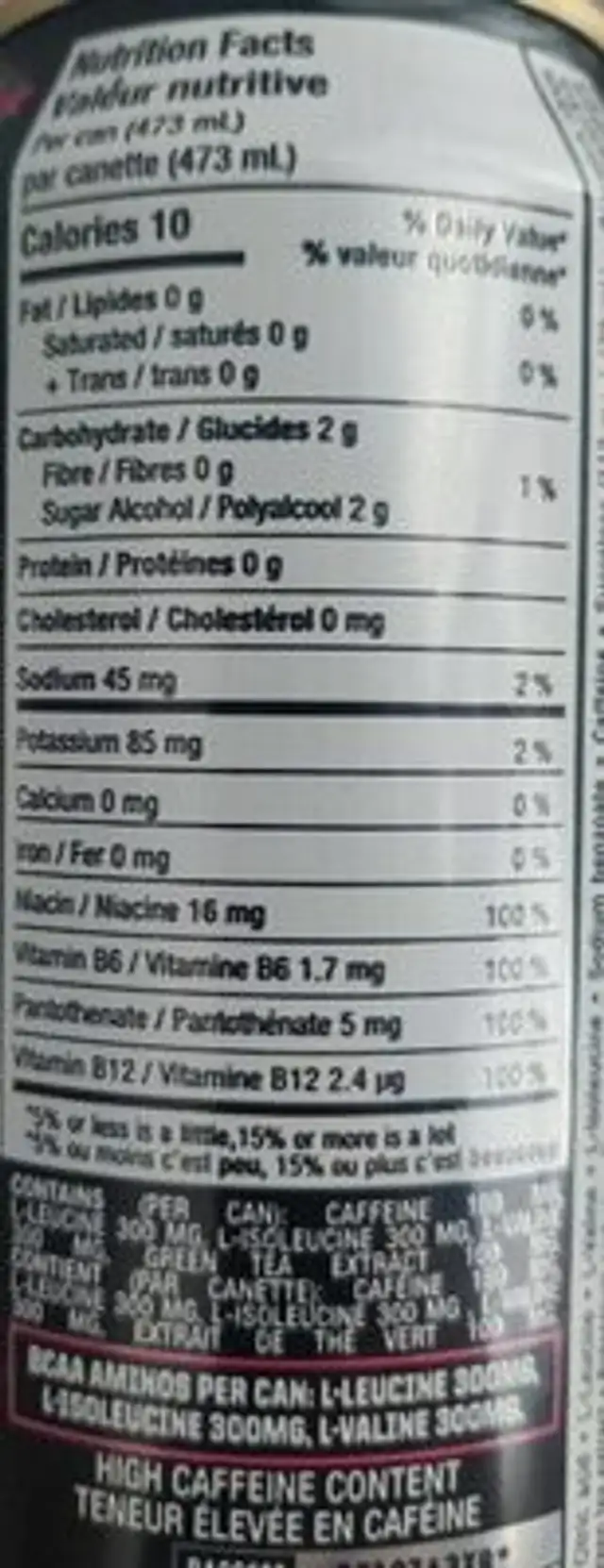 Rockstar XD-THERMO nutrition facts table