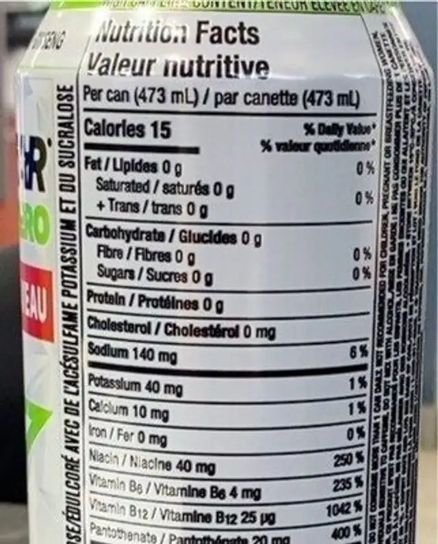 Pure Zero nutrition facts table