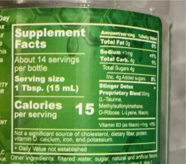 Stinger Detox nutrition facts table