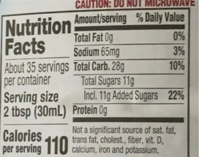 Log Cabin Orginal Syrup nutrition facts table