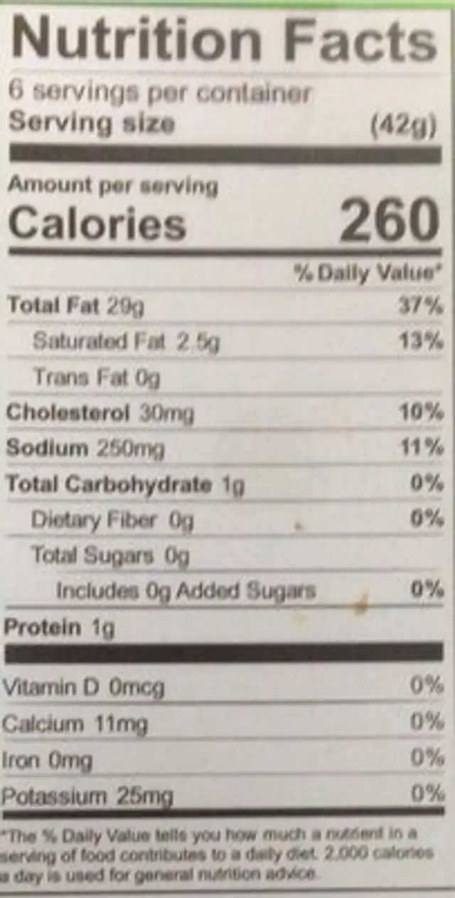 Cilantro Lime Ranch nutrition facts table