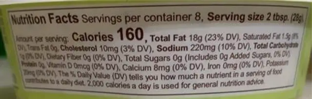 Organic Avocado Ranch Dip nutrition facts table