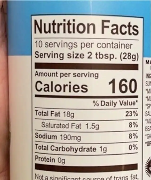 Vegan Ranch nutrition facts table