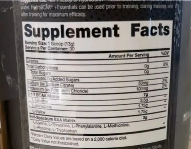 Hydro BCAA +essentials nutrition facts table