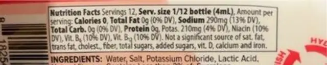 Hydrate nutrition facts table