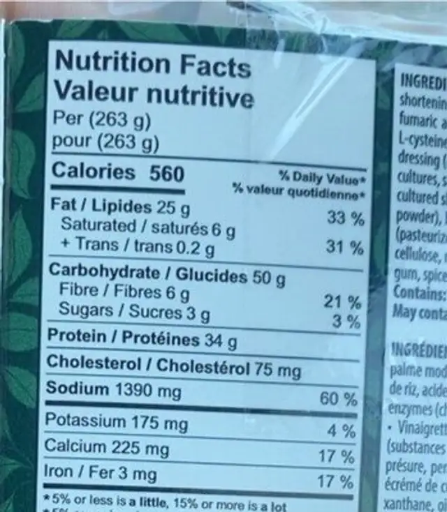 roulé de poulet buffalo nutrition facts table