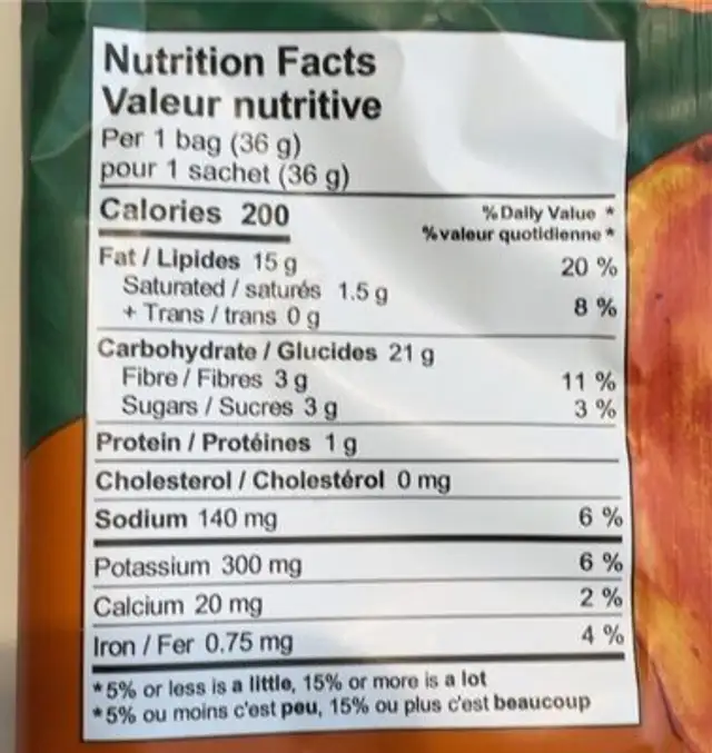 Sweet Potato & Sea Salt Chips nutrition facts table