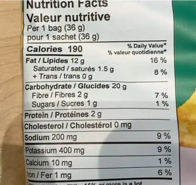 Dark Russet Potato Chips nutrition facts table