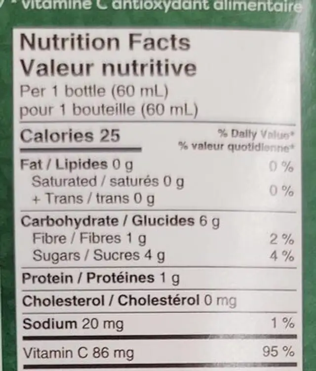 Antioxidant elixir nutrition facts table