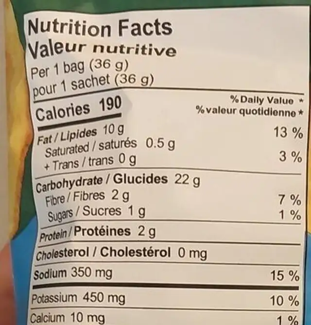 Sea salt and vinegar chips nutrition facts table