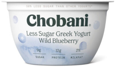 Wild blueberry less sugar low-fat greek yogurt, wild blueberry front packaging