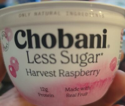 Chobani raspberry less sugar yogurt 5.3 oz front packaging