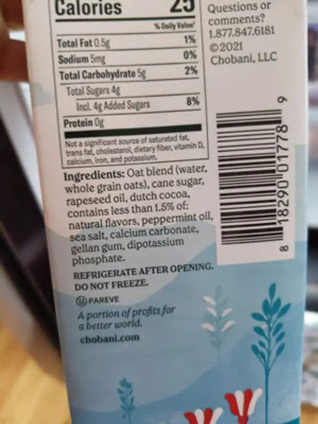 Chobani Oat Peppermint Mocha Coffee Creamer ingredients label