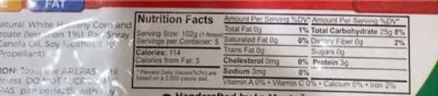 Arepas colombianas nutrition facts table