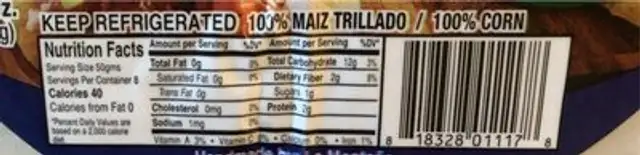 White corn arepa nutrition facts table