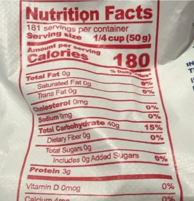 Jasmine rice nutrition facts table
