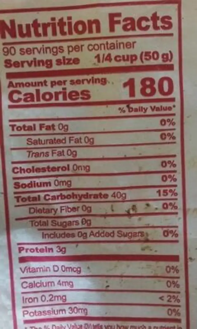 Jasmine rice milagrosa nutrition facts table